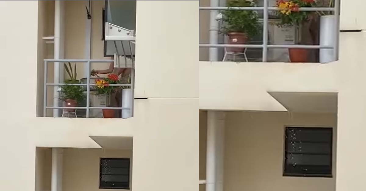 NEIGHBOUR DRIPS WATER FROM UPSTAIRS CAUGHT ON CAMERA
