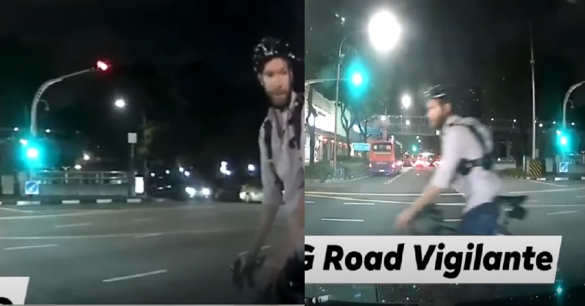 ANG MOH CYCLIST JAYWALKING ACROSS 8-LANE ROAD JUNCTION, ALMOST CRASHED