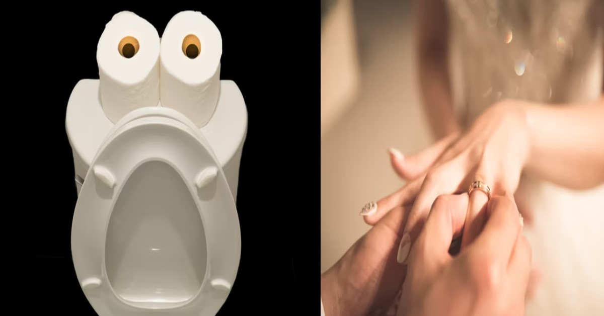 LADY DROP WEDDING RING INSIDE TOILET BOWL & IT AUTO FLUSHED