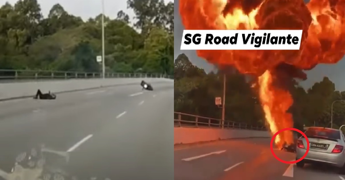 MOTORCYCLIST ALLEGEDLY SPEEDING, THEN MOTORCYCLE CRASHED & BURNED
