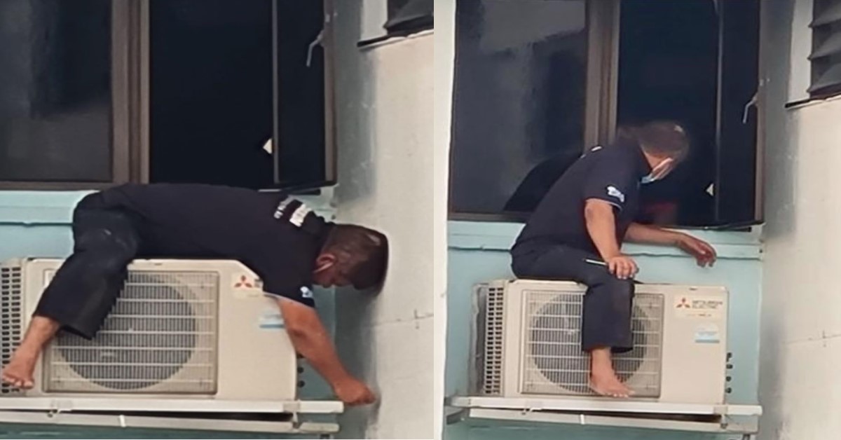 MAN DANGLES OUTSIDE 12TH FLOOR WINDOW TO REPAIR AIRCON WITHOUT HARNESS