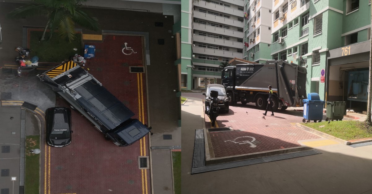 ILLEGALLY PARKED CAR OBSTRUCTS GARBAGE TRUCK FROM REVERSING TO COLLECT RUBBISH