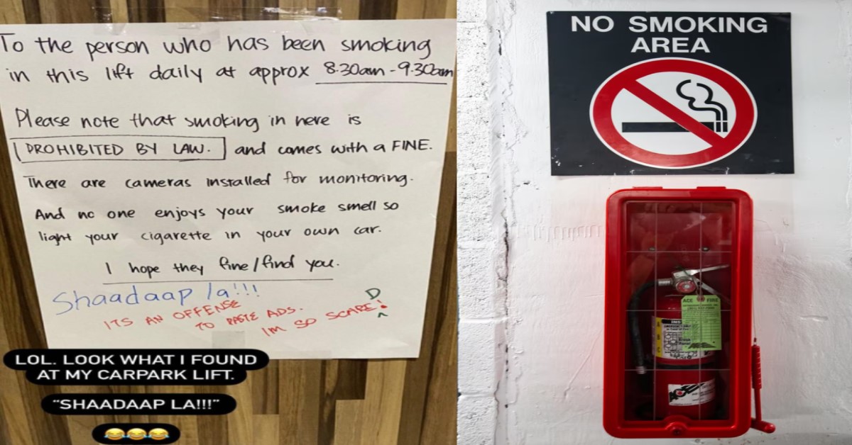 NOTE PLACED IN LIFT TO SCOLD SMOKER, SMOKER REPLIES ‘SHAADAAP LA’