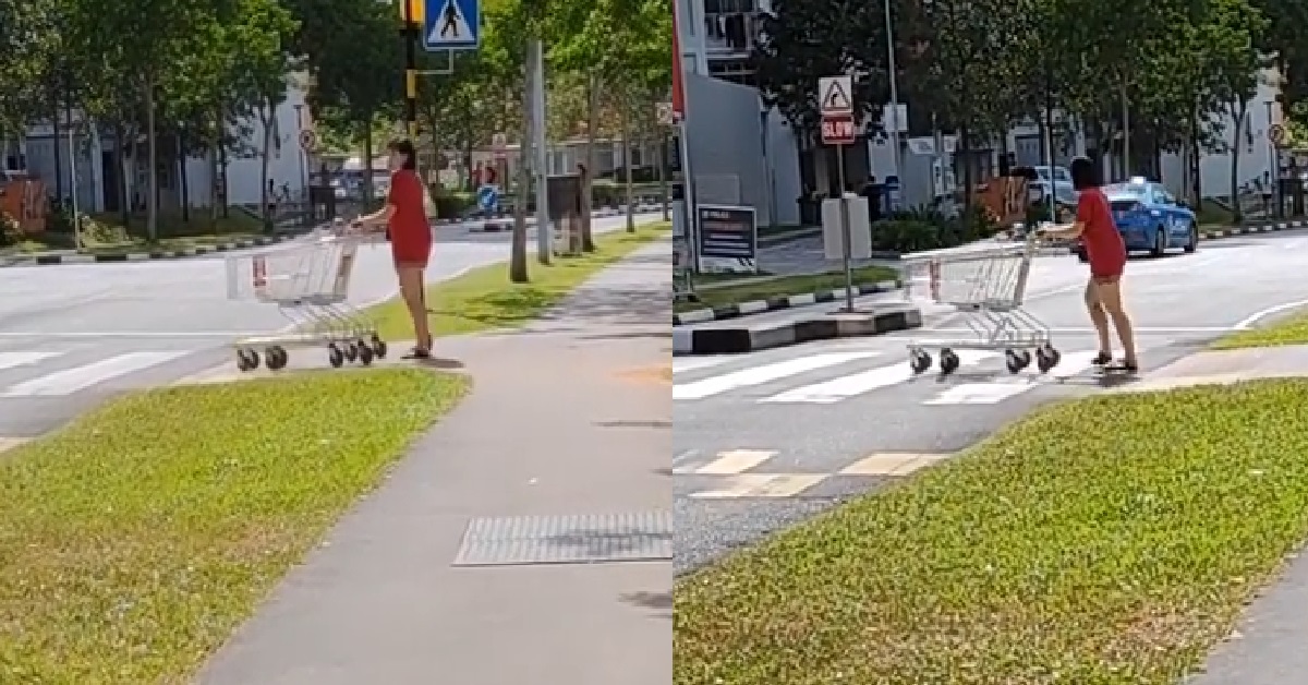 WOMAN PUSH NTUC TROLLEY FROM SUPERMARKET THEN PARK @ HDB VOID DECK