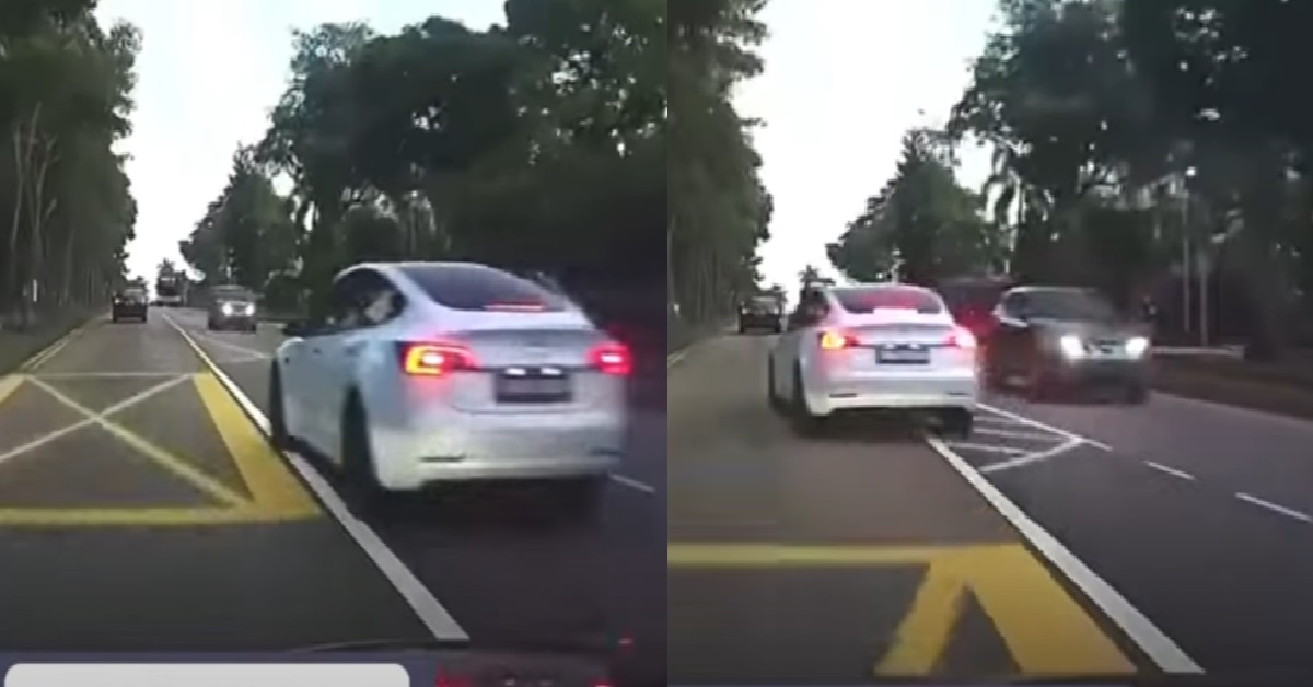 CRAZY TESLA DRIVER DRIVES INTO ONCOMING TRAFFIC TO OVERTAKE CAR IN FRONT