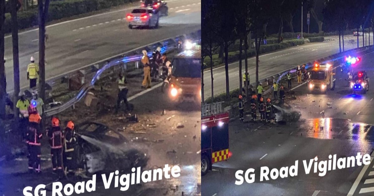 MERCEDES HIT ROAD DIVIDER ON PIE, OVERTURNED AND CAUGHT FIRE