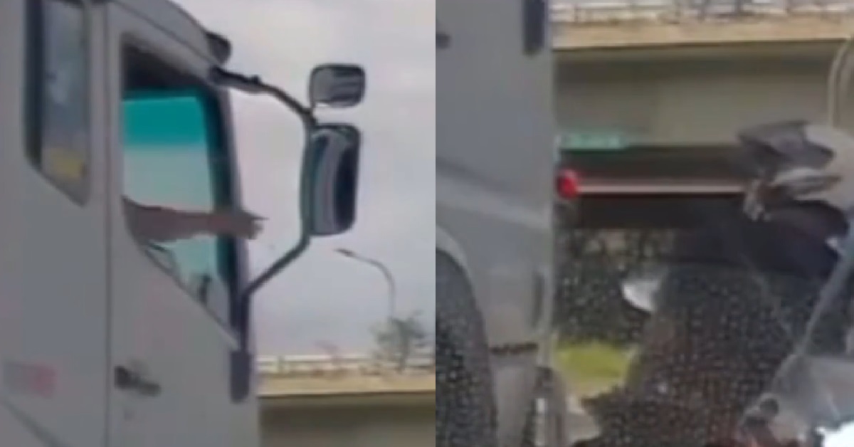 TRUCK DRIVER THROW RUBBISH OUT OF WINDOW AND ONTO MOTORCYCLIST’S HEAD