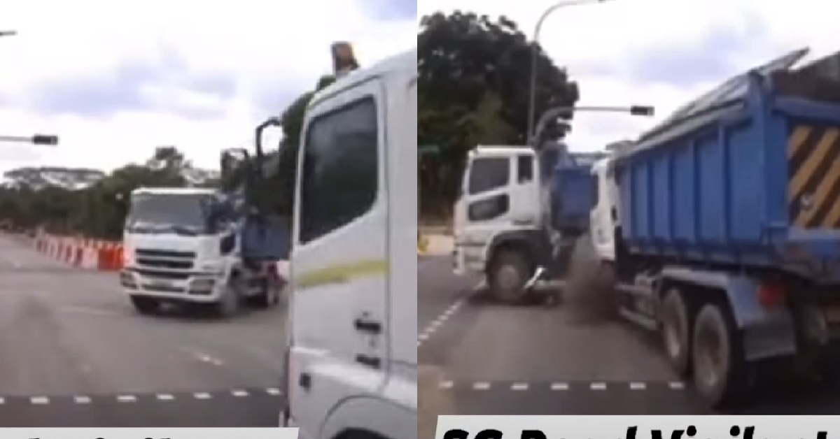 TRUCK BEATS RED LIGHT, CRASHES INTO ANOTHER TRUCK LIKE TRANSFORMERS