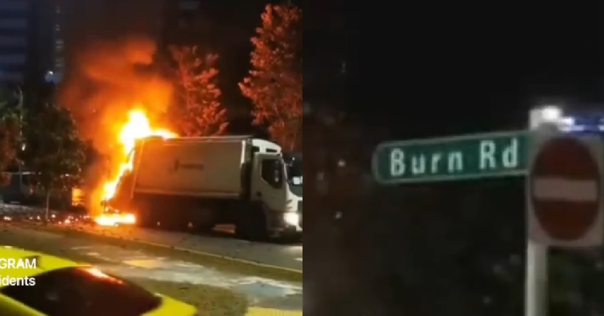 SEMBCORP GARBAGE TRUCK SEEN CAUGHT ON FIRE AT “BURN ROAD”