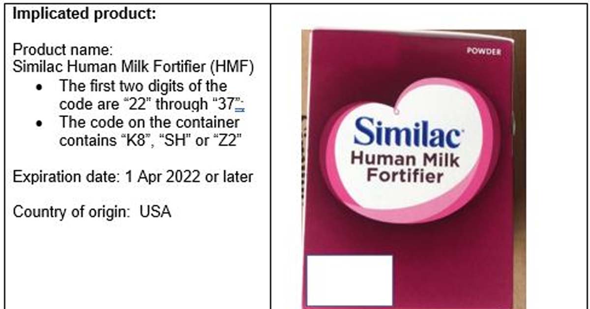 SFA ISSUES RECALL FOR HUMAN MILK FORTIFIER