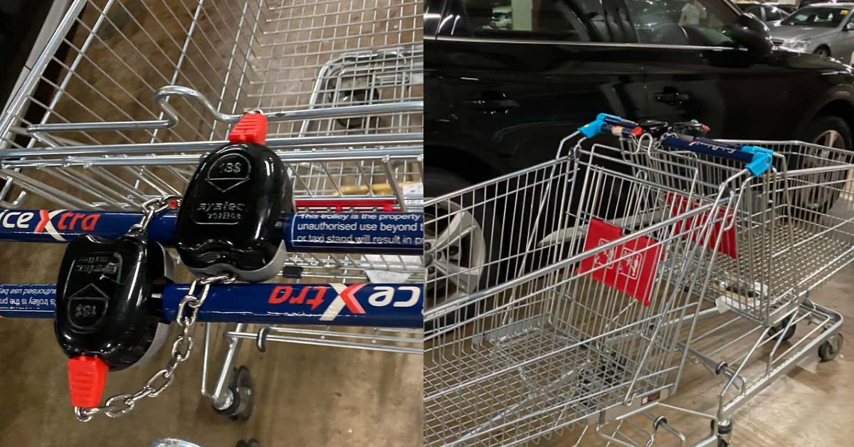 IRRESPONSIBLE SHOPPERS LEAVE FAIRPRICE CARTS INTERLOCKED AT CARPARK