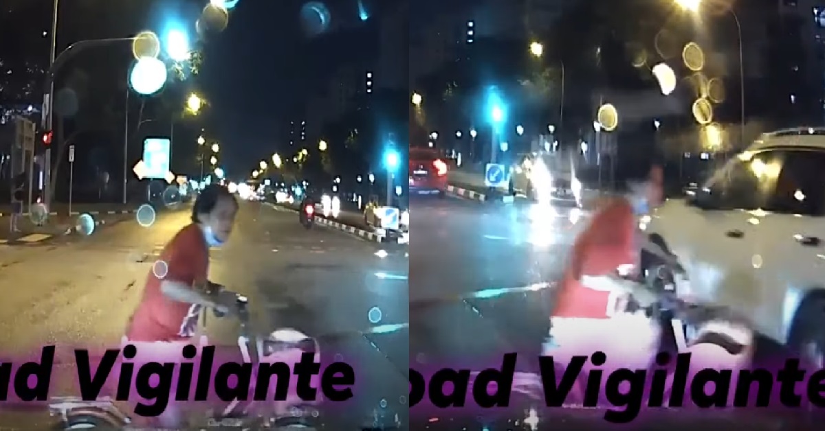 AUNTIE CYCLIST JAYWALKING WITH BICYCLE, CAR STUCK & CANNOT MOVE