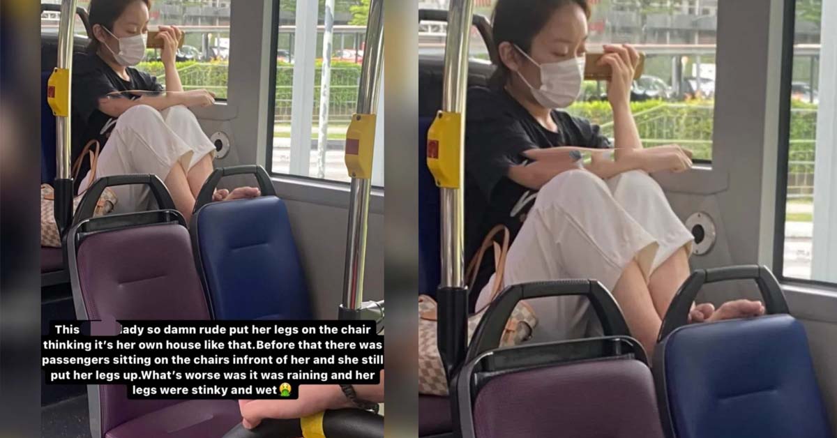 WOMAN PUT WET SALTY LEGS UP TO MARINATE SEAT FOR NEXT PASSENGER