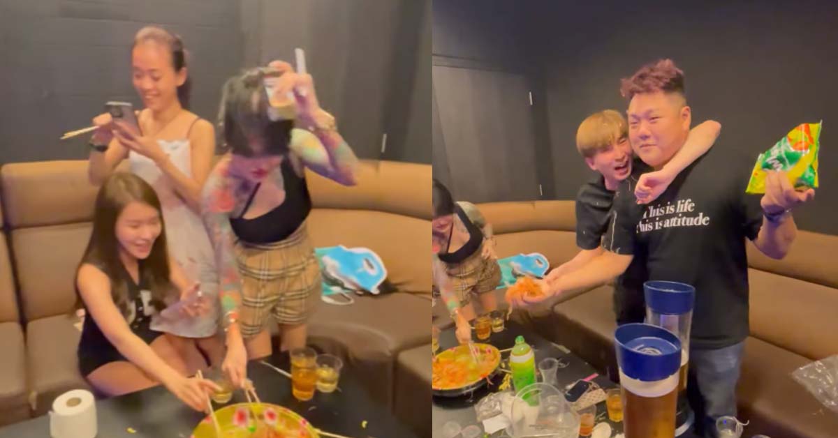 10 PEOPLE HAVING CNY PARTY AT KTV, THROWS VEGES IN THE AIR