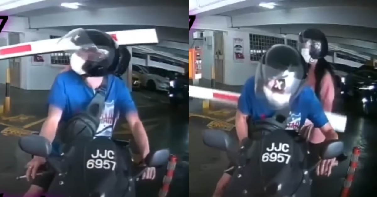 MOTORCYCLIST TRY TO TAILGATE OUT OF CARPARK, PILLION GETS HIT ON THE HEAD