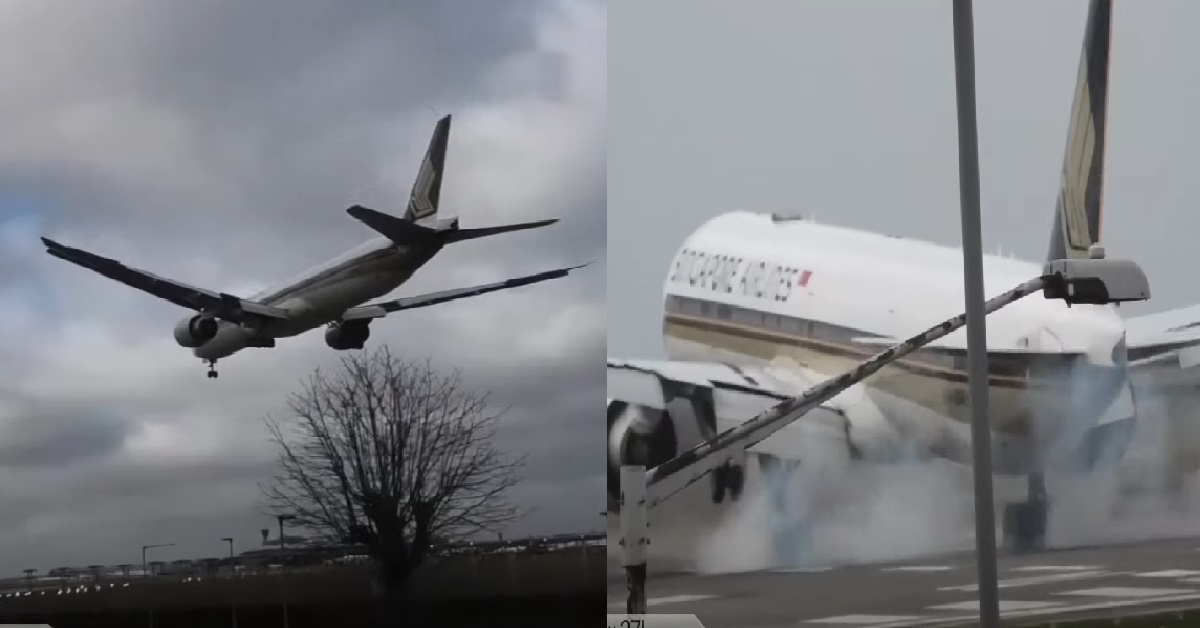 SIA FLIGHT SEEN SWERVING WHILE LANDING DURING A STORM IN LONDON