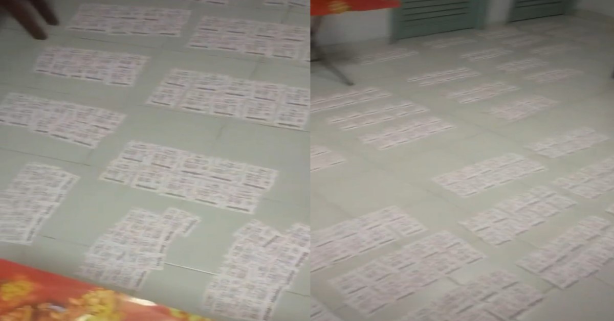 PUNTER PLACES TOTO HONG BAO DRAW TICKETS ALL OVER THE FLOOR