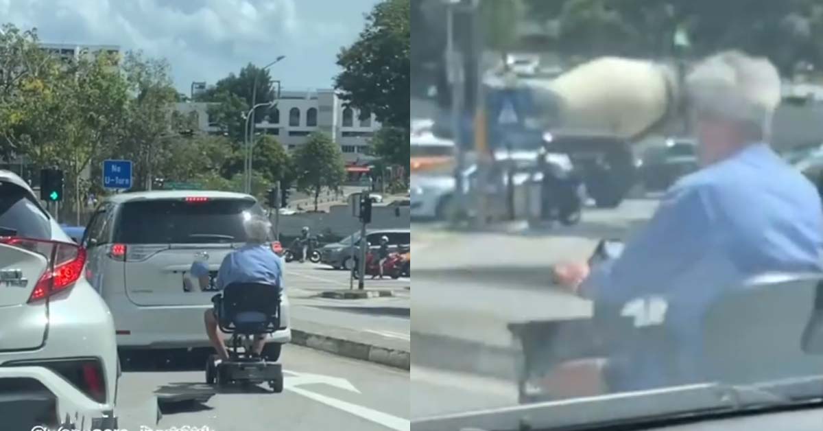UNCLE THINK HE DRIVING MERCS, USE MOBILITY SCOOTER TO BLOCK TRAFFIC