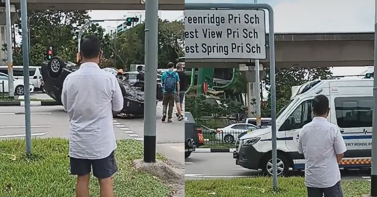 OVERTURNED CAR SPOTTED AT BUKIT PANJANG NEAR HAWKER & MARKET