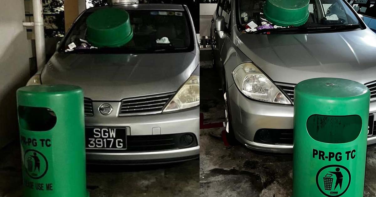 ANGRY RIDER PLACES GARBAGE BIN ON CAR THAT PARKED AT MOTOR LOT