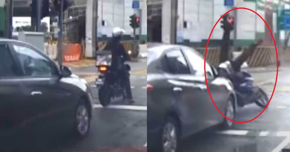 DAYDREAMING DRIVER NEVER SEE RED LIGHT, CRASHES INTO MOTORCYCLIST