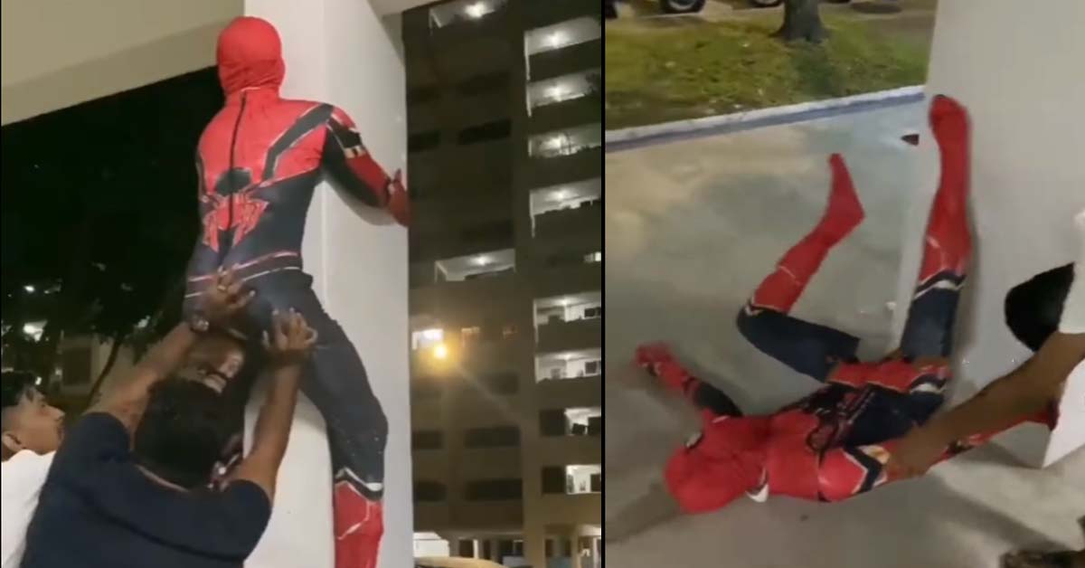 MAN TRIES TO CLIMB HDB PILLAR LIKE SPIDER-MAN FAIL JIALAT