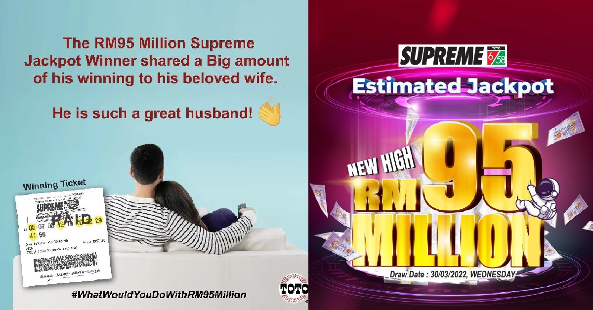MAN WON M’SIA BIGGEST TOTO PRIZE OF RM95 MILLION, SPLIT WITH WIFE