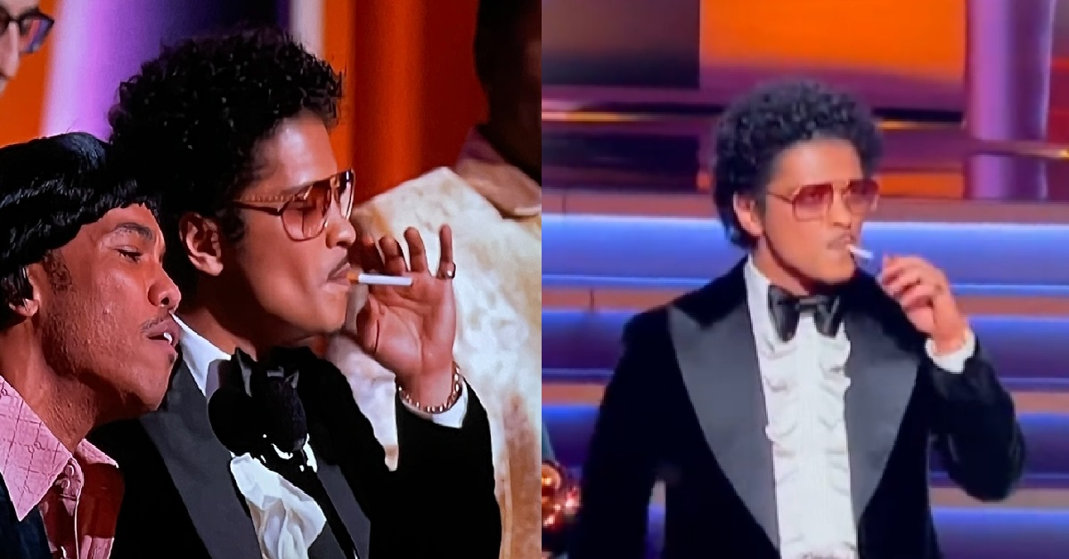 BRUNO MARS WINS GRAMMY, LIGHTS UP CIGARETTE ON STAGE LIKE A BOSS