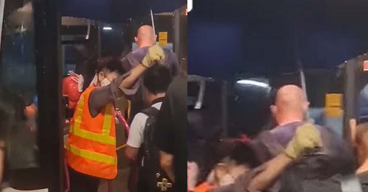 CARING BUS DRIVER SHELTERS PASSENGERS WITH UMBRELLA ON RAINY DAY
