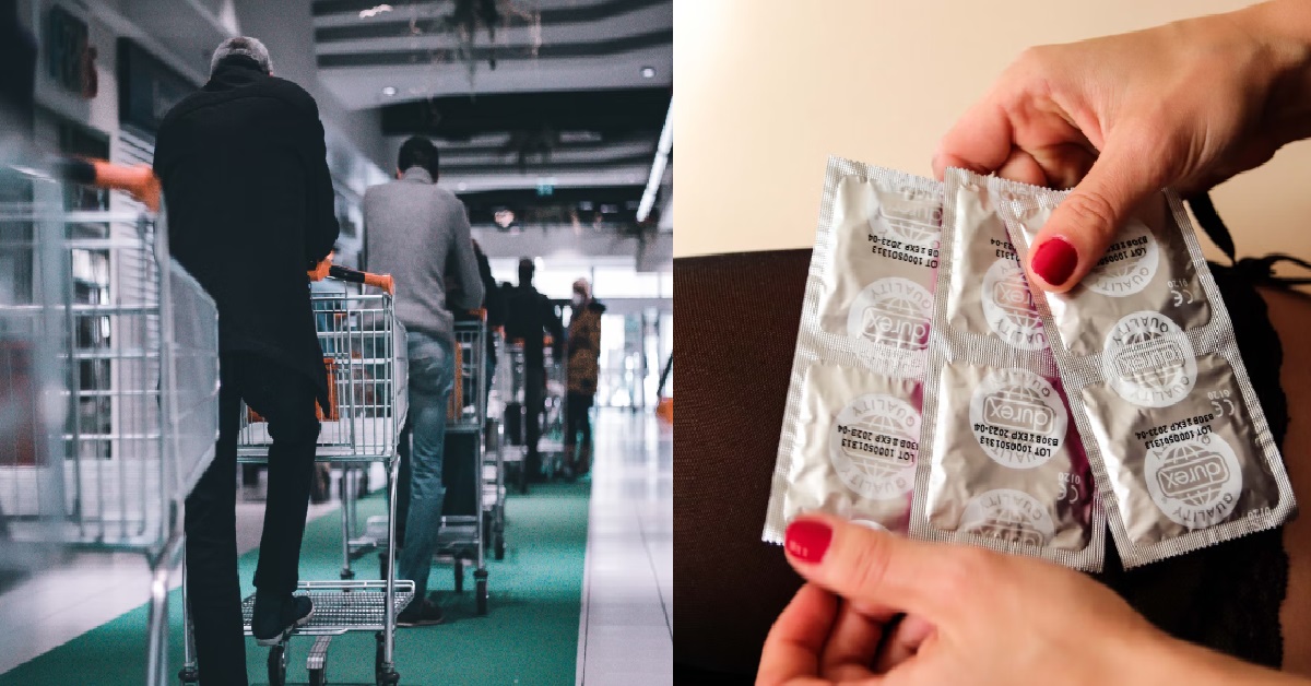 COUPLE AT NTUC QUEUEING, BF DROPS HIS BOX OF CONDOMS WHICH FLIES EVERYWHERE
