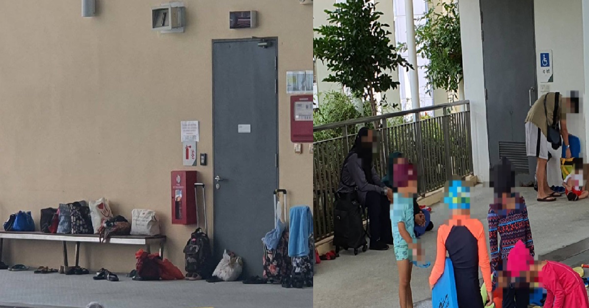 WOMAN NOT HAPPY BECAUSE PARENTS PUT BAGS ON THE BENCH @ BEDOK POOL