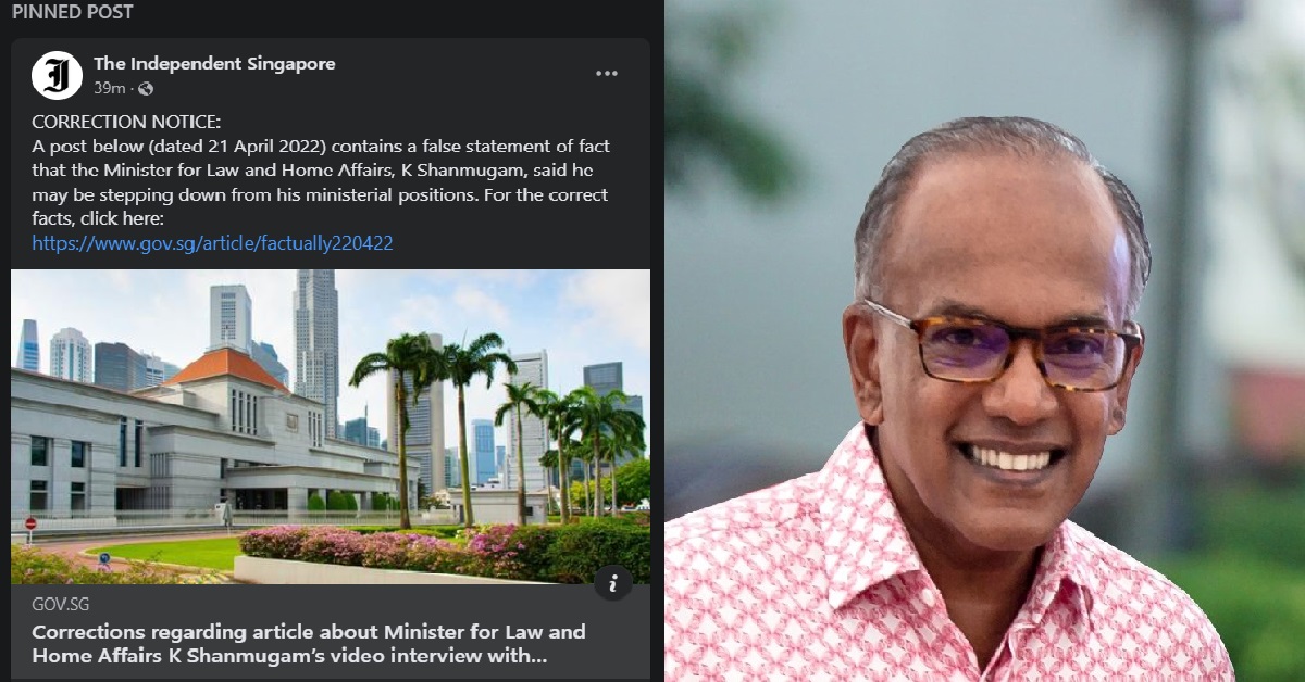 POFMA CORRECTION DIRECTION ISSUED TO THE INDEPENDENT S’PORE