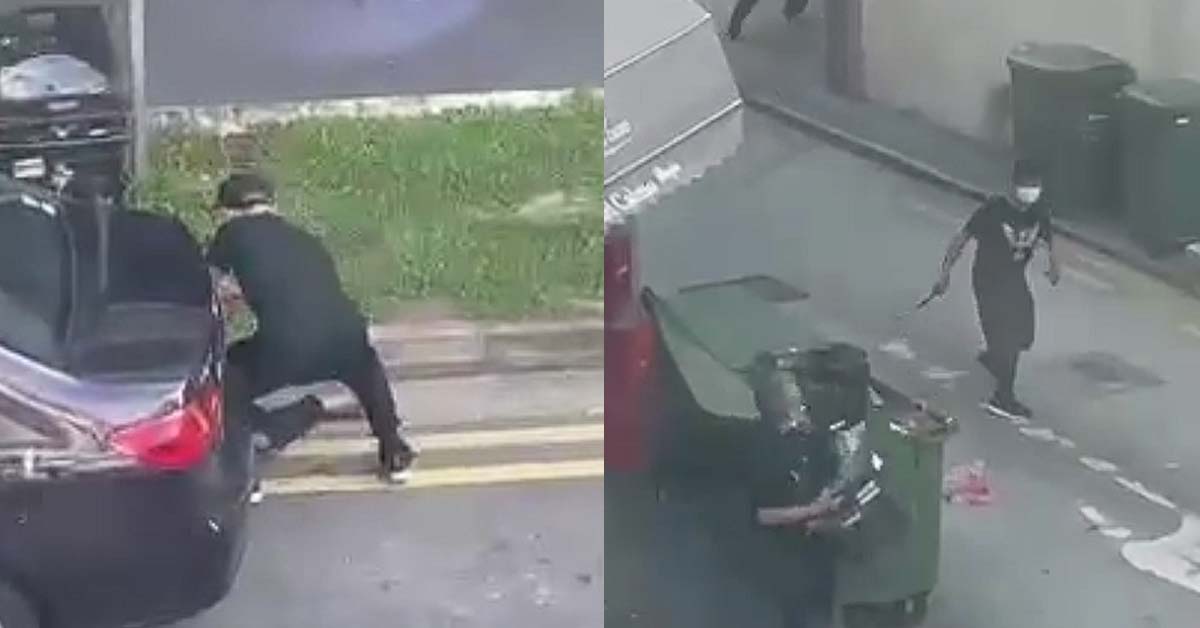 MAN USING CLEAVER TO CHOP WOMAN AND RUNS AROUND UNTIL HE GETS ARRESTED