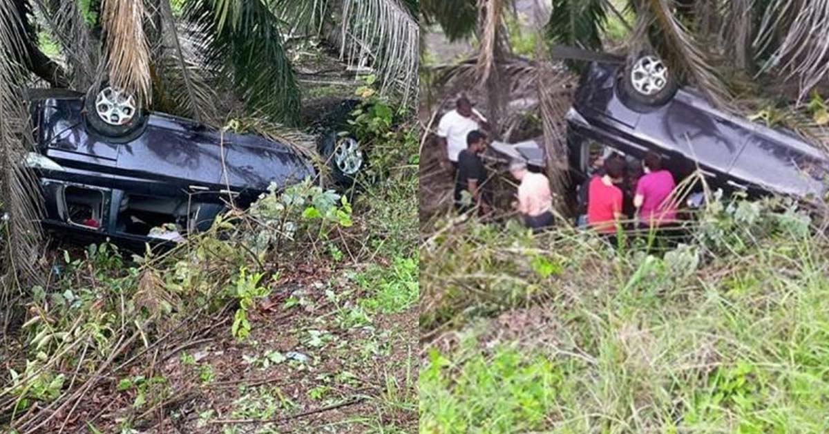 SG FAMILY’S CAR OVERTURN AFTER AVOIDING ACCIDENT IN JOHOR