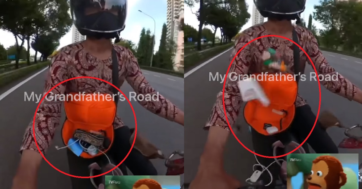 MOTORCYCLIST BAG NEVER ZIP WHILE RIDING ON EXPRESSWAY, EVERYTHING DROP