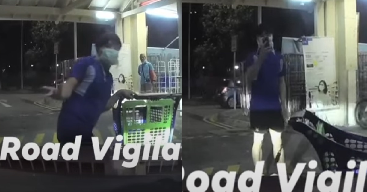 MAN SLOWLY PUSHES TROLLEY AND BLOCKS THE ROAD, CAMCAR DRIVER FED UP