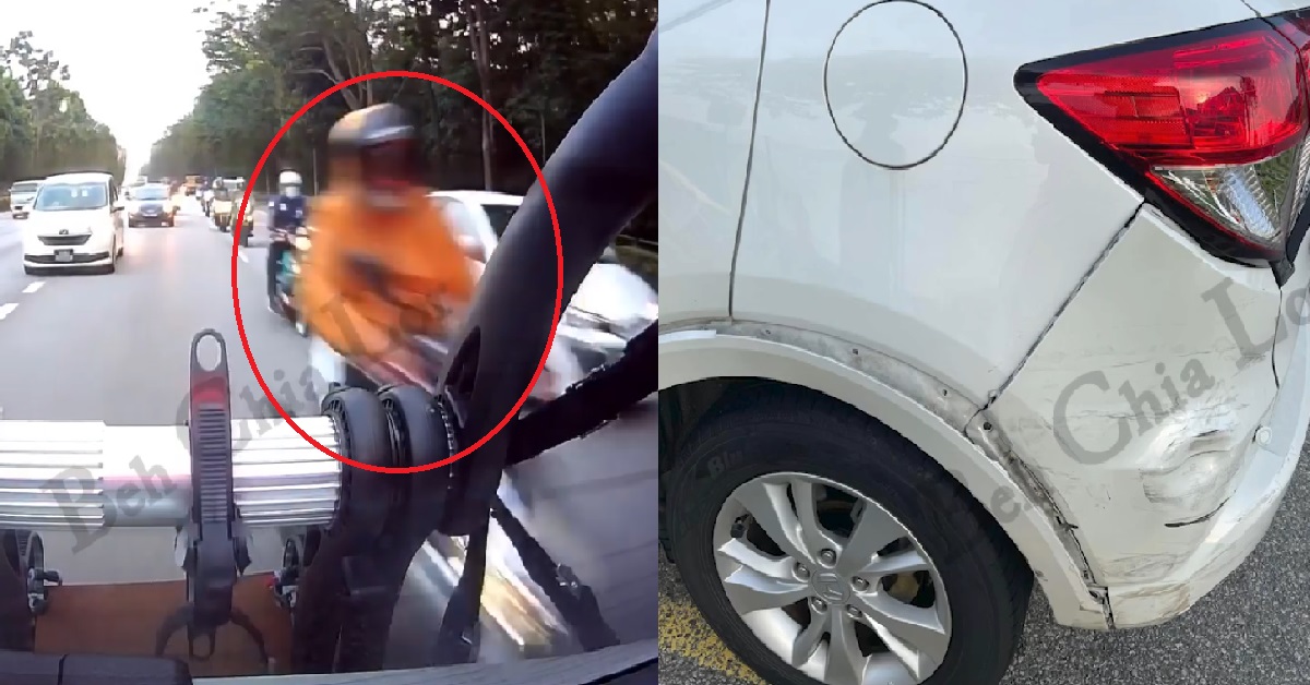HIT AND RUN BY MOTORCYCLE ON BKE, DAMAGES CAR THEN RIDES AWAY
