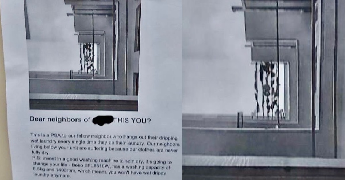 RESIDENT WRITES NOTE TO UPSTAIRS NEIGHBOUR WHOSE WET CLOTHES DRIPPING