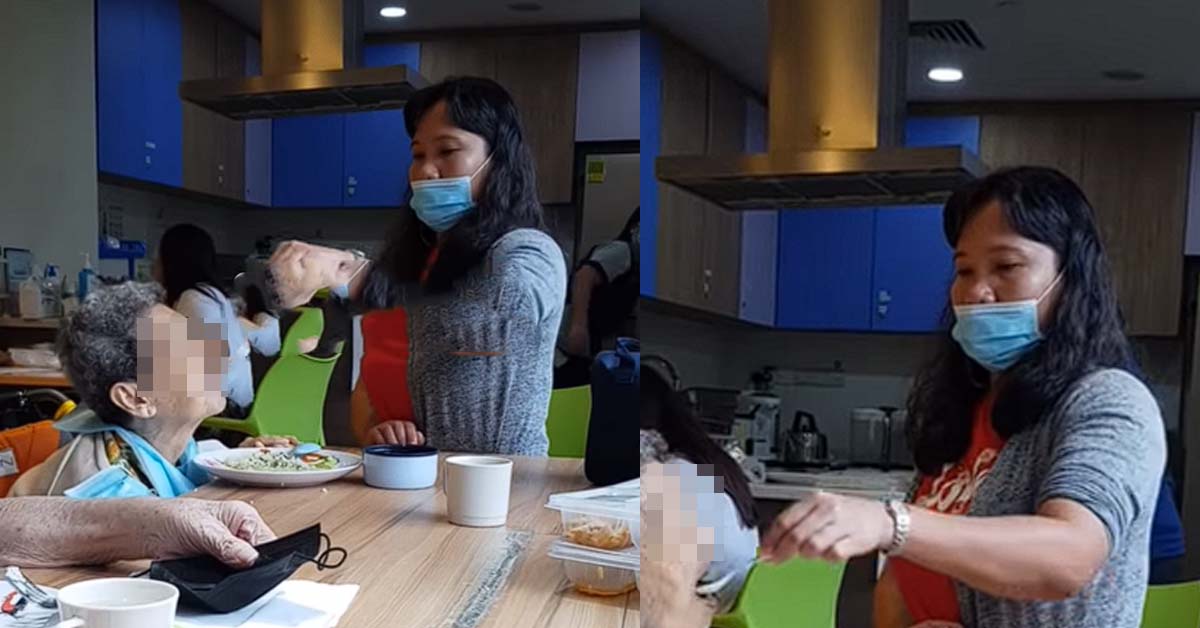 ELDERLY WOMAN SEEN TREATED ROUGHLY WHILE GETTING FED