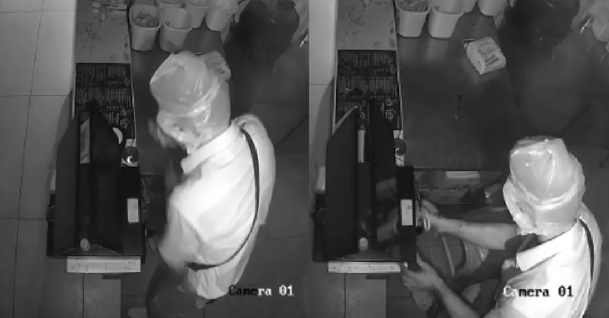 THIEF WRAPS HEAD IN PLASTIC BAG & BREAKS INTO COFFEESHOP TO STEAL MONEY, ARRESTED