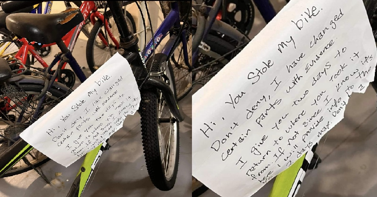 CYCLIST LEAVES NOTE FOR BICYCLE THIEF: “I GIVE YOU 2 DAYS TO RETURN”