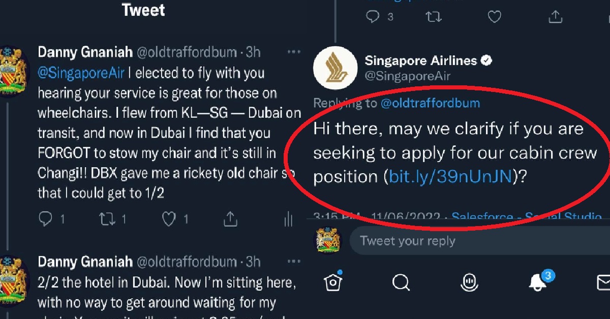 S’PORE AIRLINES ALLEGEDLY FORGOT TO PUT DISABLED MAN’S WHEELCHAIR ON FLIGHT