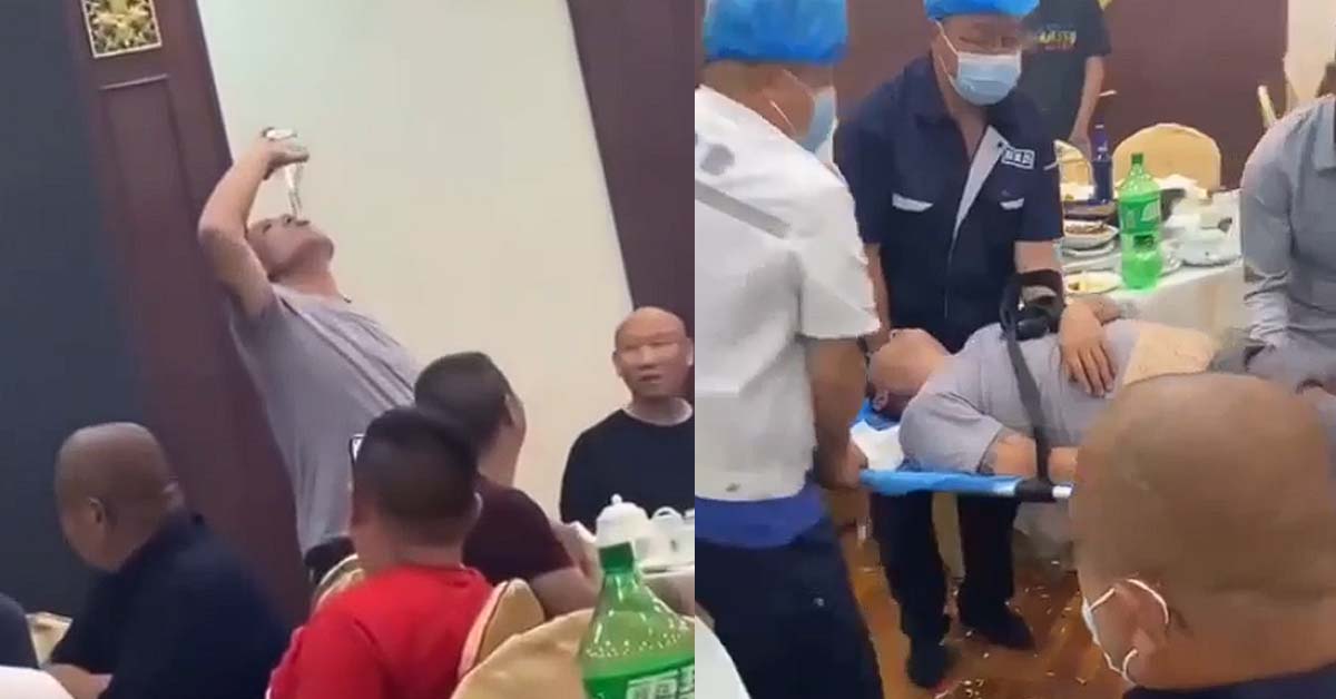 PRC MAN SHOWS OFF BY DOWNING A BOTTLE OF LIQUOR, LEAVES IN STRETCHER