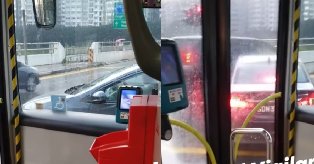 CAR BEATS RED LIGHT, BLOCKS BUS AT JUNCTION THEN KENA BANG