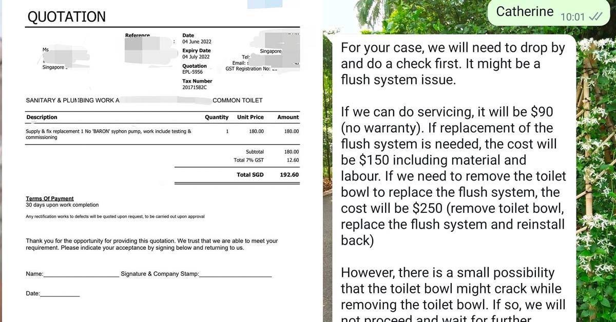 PLUMBER QUOTES LESS THAN $100 FOR REPAIR, ROTI PRATA TO $265