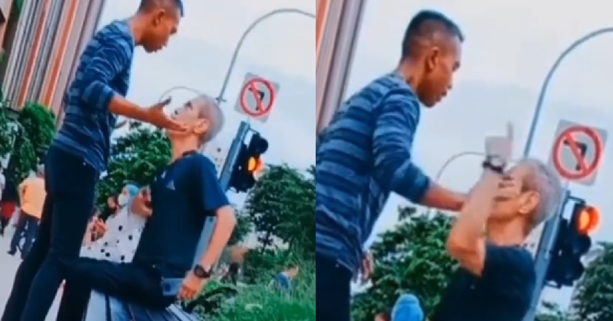 YOUNG MAN VS ELDERLY MAN, ARGUING WITH EACH OTHER, PUSH UNCLE’S HAND