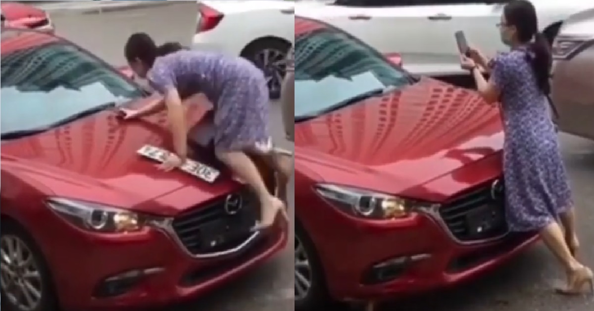 NEW ROAD RAGE LADY, CLIMB ON TOP OF CAR TO HANTAM WINDOW WITH CAR PLATE