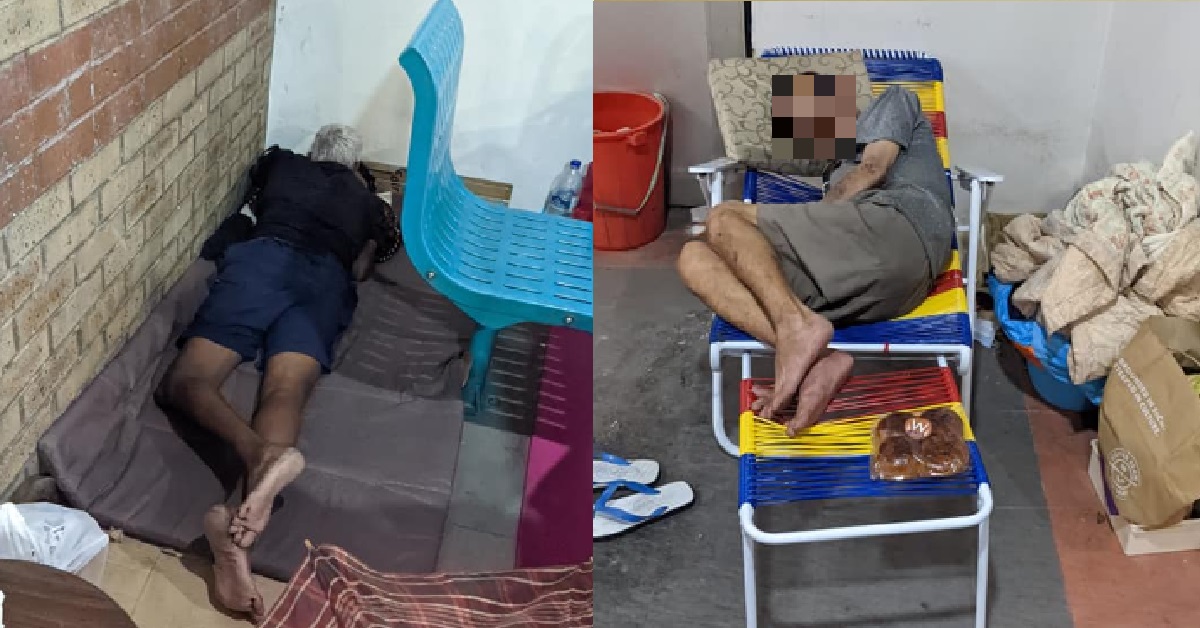 HOMELESS ELDERLY SLEEPING AT VOID DECK, KIND SAMARITAN BUYS FOOD FOR THEM
