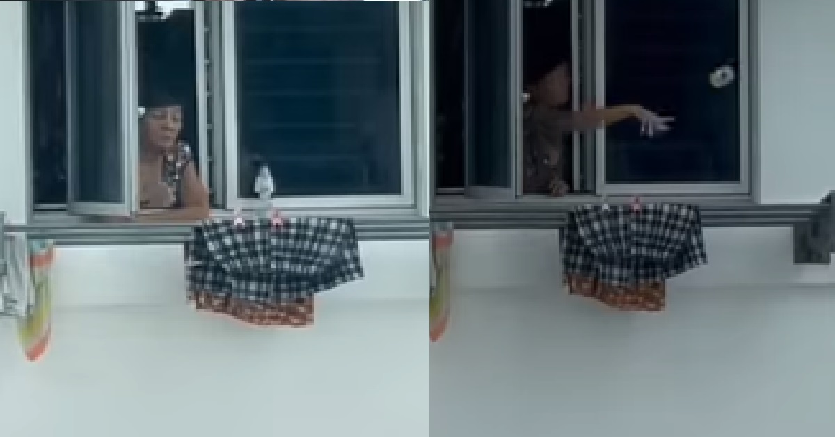 AH MA HAPPILY SMOKING AT KITCHEN WINDOW, THEN THROW DOWN THE BLOCK