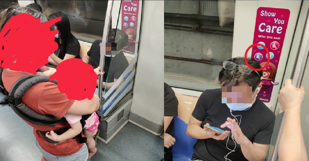 MAN HOGGING PRIORITY SEAT IN MRT WHILE WOMAN STOOD WITH BABY IN HAND